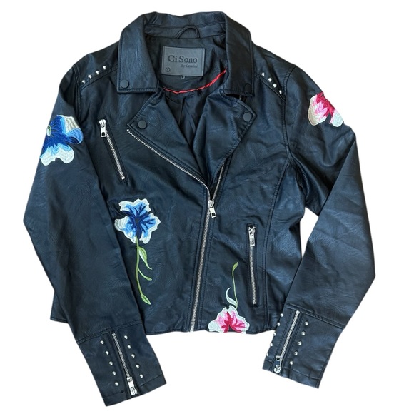 Ci Sono Jackets & Blazers - Vegan leather, embroidered, studded moto jacket, zippers, Ci Sono by Cavalini